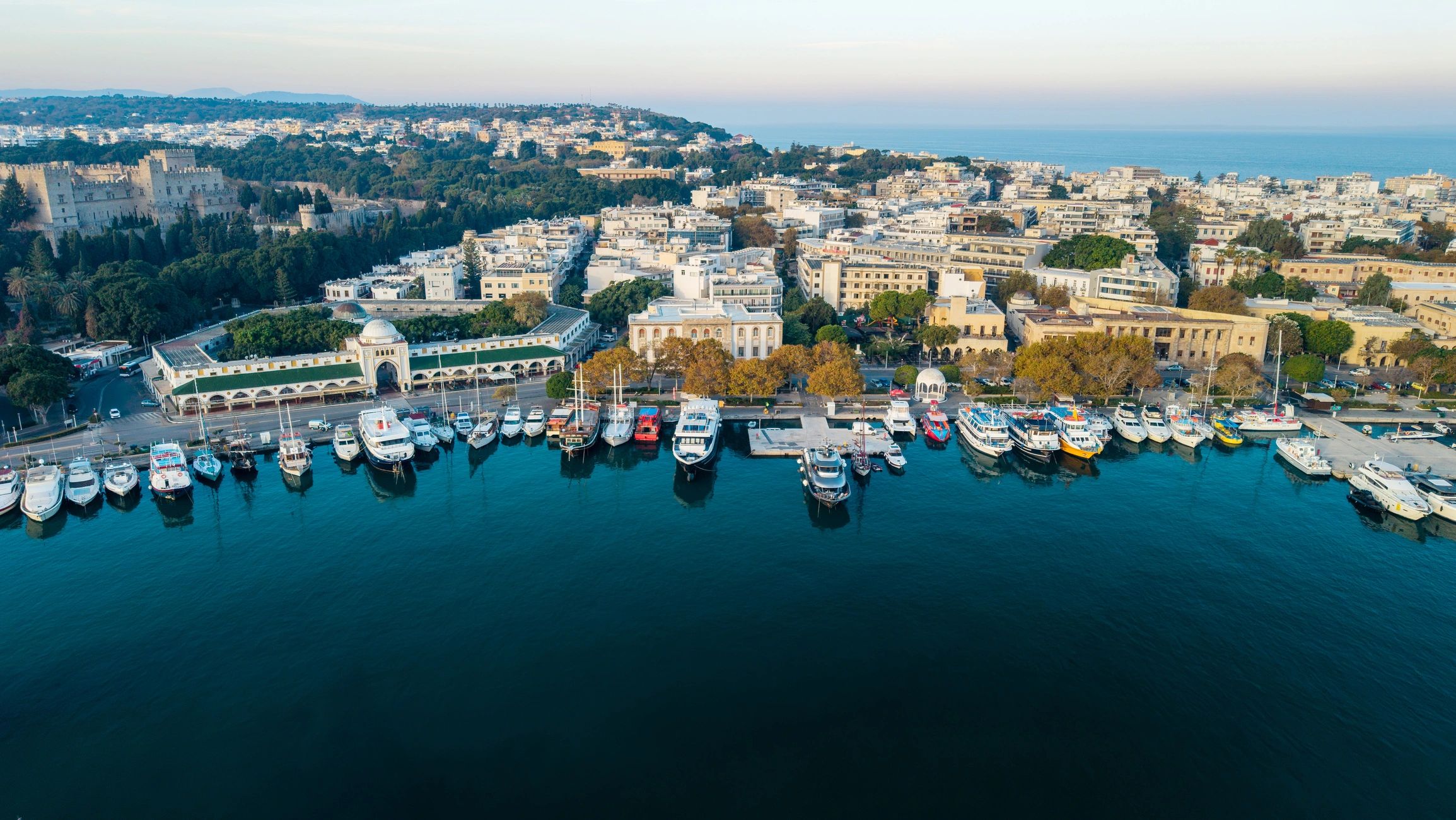 Aerial view of Mandraki Harbour and Rhodes Old Town, Greece